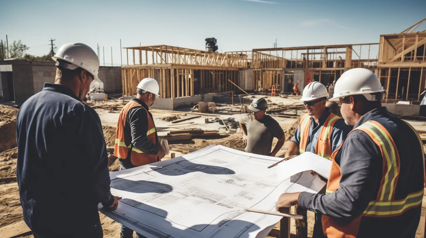 Construction site with workers and blueprints, depicting the development phase in commercial real estate