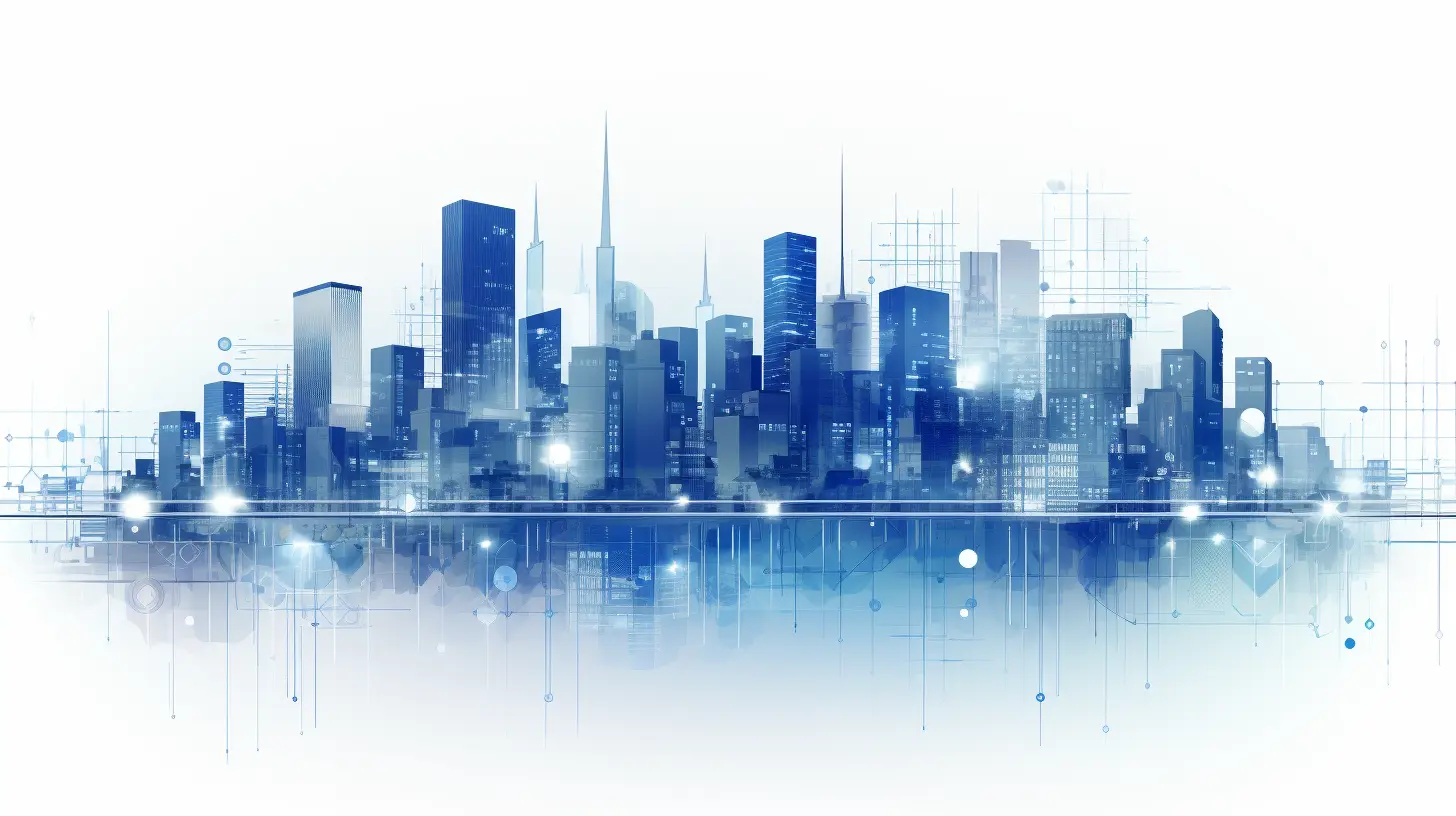 Abstract cityscape illustration with digital overlay representing financial modeling in commercial real estate