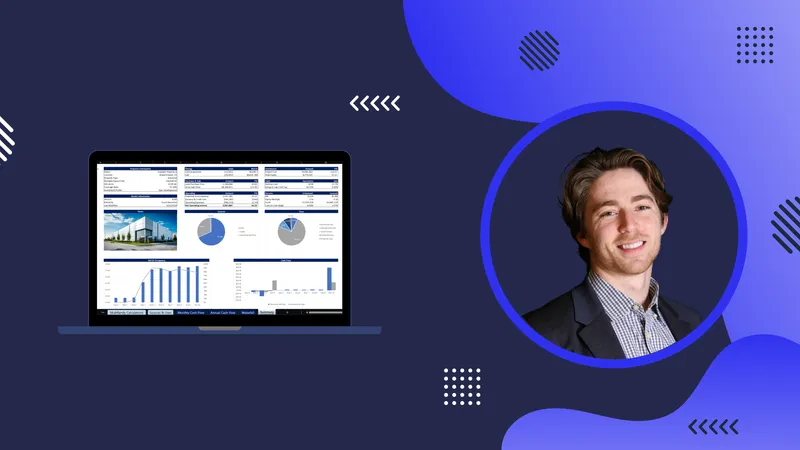 Grant Uberstine beside a laptop showing CRE cash flow analysis, reflecting real estate financial forecasting